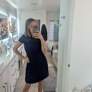 Kooples Navy Jacquard And Black Lace Dress